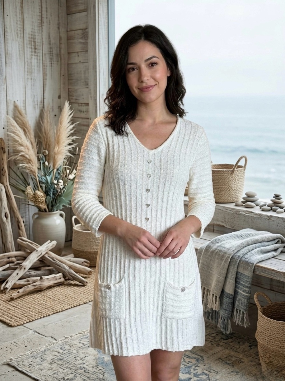 Lulu-B White Ribbed Knit Tunic Sweater Cotton Henley Size S Coastal Grandmother